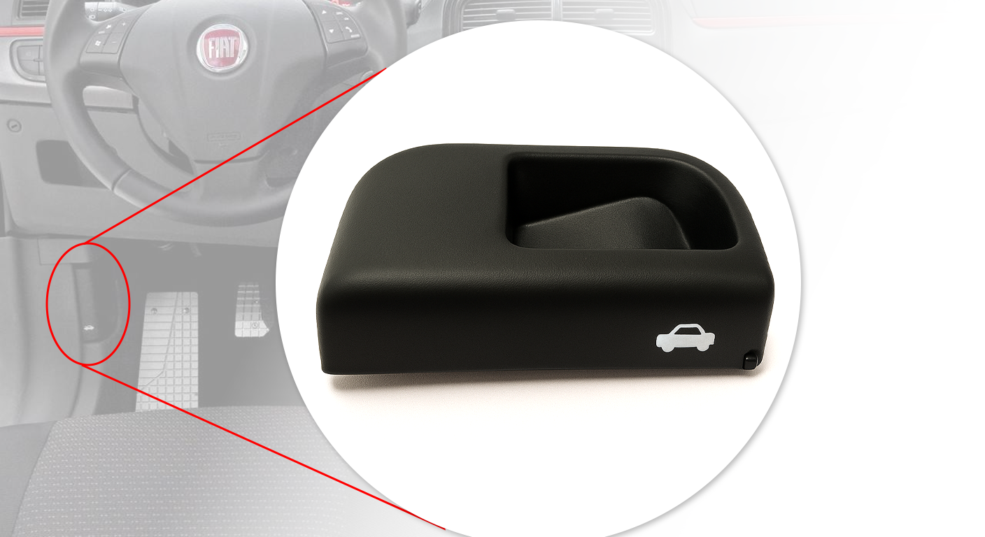 Detalhe técnico do puxador interno de abertura do capô automotivo — peça de reposição disponível na Clauplast