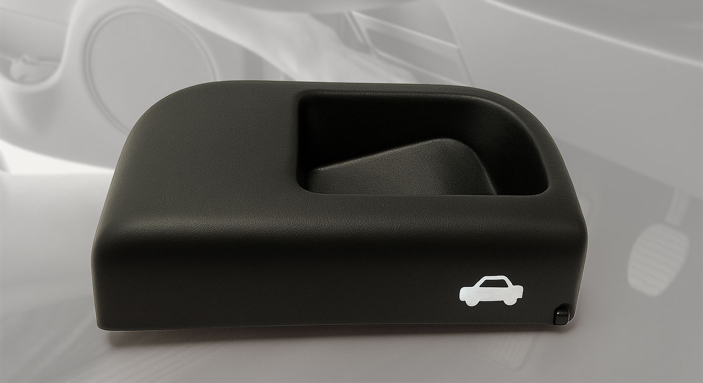 Puxador interno do capô automotivo preto sobre fundo cinza peça de reposição disponível na Clauplast